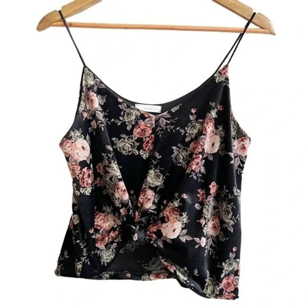 Lush Floral Velvet Twist‎ Front Cami Top Black Pink V-Neck T13453 Womens Medium